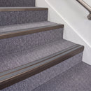 Dark Bronze double insert chevron stair nosing, 70mm riser with Mid Grey inserts, fitted on carpeted stairs
