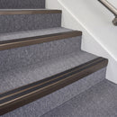Dark Bronze double insert chevron stair nosing, 70mm riser with Premium Black inserts, fitted on carpeted stairs