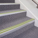 Mill Finish double insert chevron stair nosing, 70mm riser with Apple Green inserts, fitted on carpeted stairs