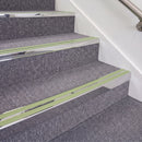 Mirrorflect Silver double insert chevron stair nosing, 70mm riser with Apple Green inserts, fitted on carpeted stairs