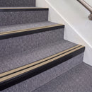 Satin Black double insert chevron stair nosing, 70mm riser with Beige inserts, fitted on carpeted stairs