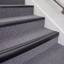 Satin Black double insert chevron stair nosing, 70mm riser with Dark Grey inserts, fitted on carpeted stairs