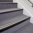 Satin Black double insert chevron stair nosing, 70mm riser with Oyster inserts, fitted on carpeted stairs