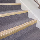 Satin Gold double insert chevron stair nosing, 70mm riser with Sahara inserts, fitted on carpeted stairs