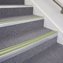 Satin Silver double insert chevron stair nosing, 70mm riser with Apple Green inserts, fitted on carpeted stairs