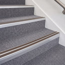 Satin Silver double insert chevron stair nosing, 70mm riser with Brown inserts, fitted on carpeted stairs