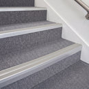 Satin Silver double insert chevron stair nosing, 70mm riser with Oyster inserts, fitted on carpeted stairs