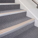 Satin Silver double insert chevron stair nosing, 70mm riser with Sahara inserts, fitted on carpeted stairs