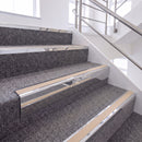 Bright Polished single insert chevron stair nosing, 65mm riser with Sahara insert, fitted on carpeted stairs