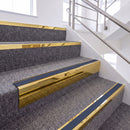 Mirrorflect Gold single insert chevron stair nosing, 65mm riser with Blue insert, fitted on carpeted stairs