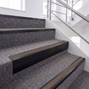 Satin Black single insert chevron stair nosing, 65mm riser with Brown insert, fitted on carpeted stairs