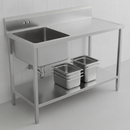 1000mm stainless steel commercial single bowl catering sink with right-hand drainer installed in a commercial kitchen, plumbed in against a tiled splashback with an open undershelf below