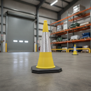 Yellow PVC traffic cone with reflective sleeve on a warehouse floor near a loading bay roller shutter door and pallet racking