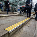 DDA compliant aluminium stair nosing profile 93x32mm showing silver anodized finish for indoor outdoor use