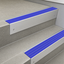 Aluminium Stair Nosing 66x55mm Raked Single Channel, Cut to Size up to 2.5m — PVC Insert Colour: Mid Blue Castellated