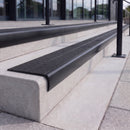 Satin black 84mm double channel bullnose aluminium stair nosing with twin Coal black gritted exterior-grip inserts fitted on leisure centre entrance steps