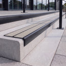 Satin black 84mm double channel bullnose aluminium stair nosing with twin Everest light grey gritted exterior-grip inserts fitted on leisure centre entrance steps