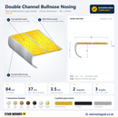 Technical drawing of 84 x 37mm double channel bullnose aluminium stair nosing with twin gritted exterior-grip inserts, 35mm inside leg, 3.5mm gauge
