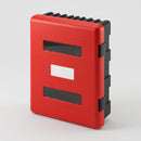 Closed double fire extinguisher cabinet with a bright red moulded ABS door, black rear shell with finned top edge, two black hinges, two horizontal tinted viewing slots and a blank recessed label panel, on a plain light grey studio background