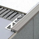 Aluminium stair nosing with grey anti-slip PVC insert installed on tiled step edge
