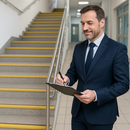 Health and safety officer inspecting DDA-compliant yellow insert stair nosings in UK public building - Part M compliance check