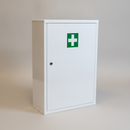 Empty lockable metal first aid wall cabinet in white galvanised steel, door closed with green and white cross marking and chrome key lock, shown on a plain studio background