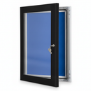 Outdoor lockable poster case with the door open showing a blue felt pin backboard, black 45mm aluminium frame and chrome cam lock with key, photographed on a white studio background