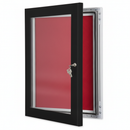 Weatherproof external notice board with the hinged door ajar revealing a red felt pin panel, black anodised aluminium case and silver key in the lock, on a plain white background