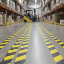 Black and yellow chevron anti-slip tape as floor safety lane markers in UK warehouse
