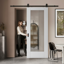 Premium White Primed Internal Sliding Door with Ocean Glass Panel and Black Top Mounted Mechanism for Modern Interiors