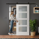 Premium White Primed Internal Sliding Door with 4 Light Obscure Glass Panels for Modern Home Design