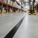 Black PVC floor marking tape line applied on a warehouse floor with racking and a pallet truck in the background