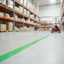 Green PVC floor marking tape line applied on a warehouse floor marking a safety zone, with racking and a pallet truck in the background