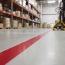 Red PVC floor marking tape line applied on a warehouse floor marking a restricted zone, with racking and a pallet truck in the background
