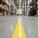 Yellow PVC floor marking tape line applied on a warehouse floor marking a walkway lane, with racking and a forklift in the background