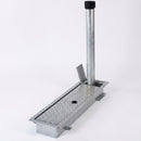 Galvanised steel fold down parking post with black locking top cap and chequer plate ground plate, on a white background