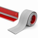 Grey flexible PVC stair nosing 50x48mm shown as a coiled roll beside a cut length with the adhesive liner visible