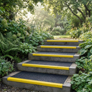 Black GRP anti-slip stair tread covers with yellow nosing fitted to timber garden steps at a UK home