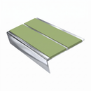 Rake Back Stair Nosing 3.22m Double Channel Aluminium, apple green insert, Mirrorflect Silver finish