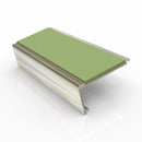 Rake back aluminium stair nosing, 62mm tread, apple green insert, bright polished finish