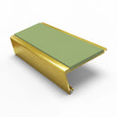 Rake back aluminium stair nosing, 62mm tread, apple green insert, mirrorflect gold finish