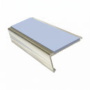 Rake back aluminium stair nosing, 62mm tread, aura insert, bright polished finish