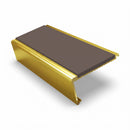 Rake back aluminium stair nosing, 62mm tread, brown insert, mirrorflect gold finish