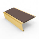 Rake back aluminium stair nosing, 62mm tread, brown insert, satin gold finish