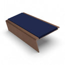 Rake back aluminium stair nosing, 62mm tread, dark blue insert, dark bronze finish