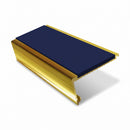 Rake back aluminium stair nosing, 62mm tread, dark blue insert, mirrorflect gold finish