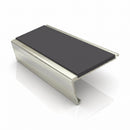 Rake back aluminium stair nosing, 62mm tread, dark grey insert, bright polished finish