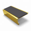 Rake back aluminium stair nosing, 62mm tread, dark grey insert, mirrorflect gold finish