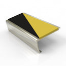 Rake back aluminium stair nosing, 62mm tread, hazard insert, bright polished finish