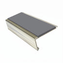 Rake back aluminium stair nosing, 62mm tread, mid grey insert, bright polished finish